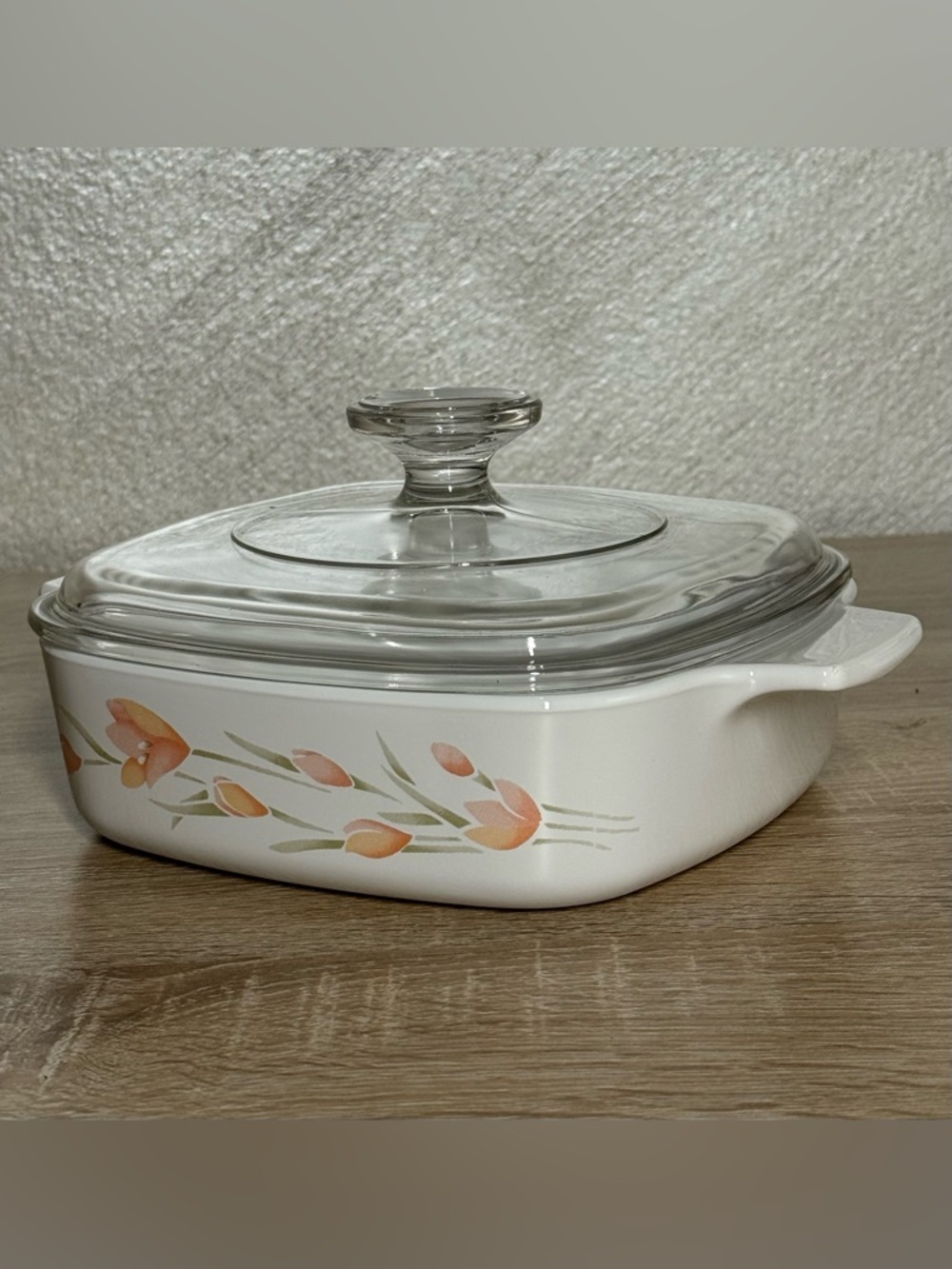 Corning Ware 1 Liter Casserole Dish in the "Peach Floral" pattern